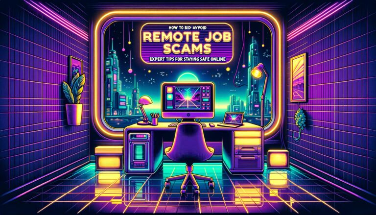 A futuristic remote workspace illustration with bold overlay text on job scam safety tips.
