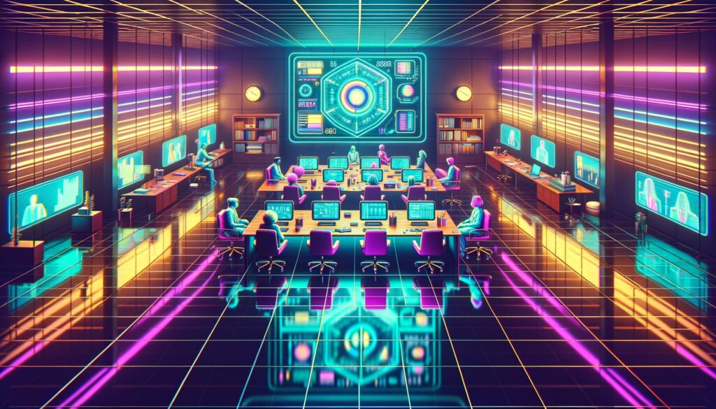 A vibrant retro illustration depicting remote teamwork in a cyberpunk office environment.