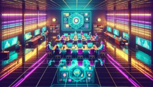 A vibrant retro illustration depicting remote teamwork in a cyberpunk office environment.