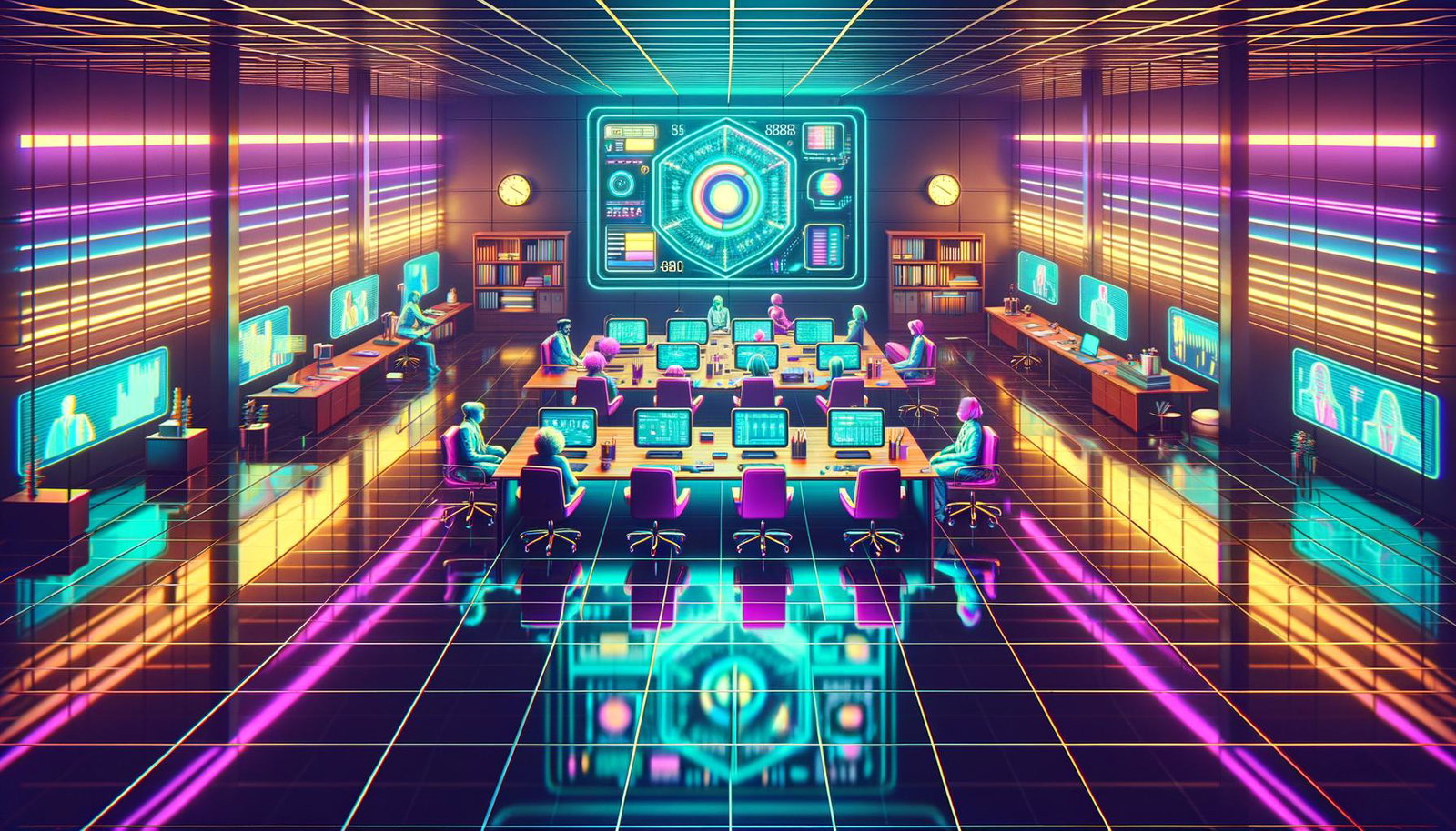 A vibrant retro illustration depicting remote teamwork in a cyberpunk office environment