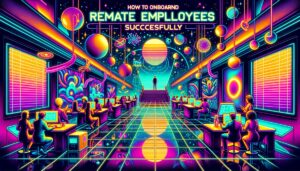 A vibrant illustration of a remote onboarding scene featuring diverse employees collaborating in a cyberpunk-inspired workspace.