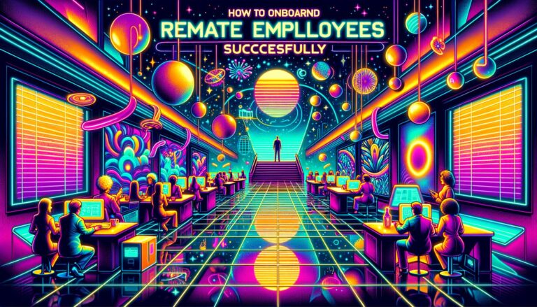 A vibrant illustration of a remote onboarding scene featuring diverse employees collaborating in a cyberpunk-inspired workspace.