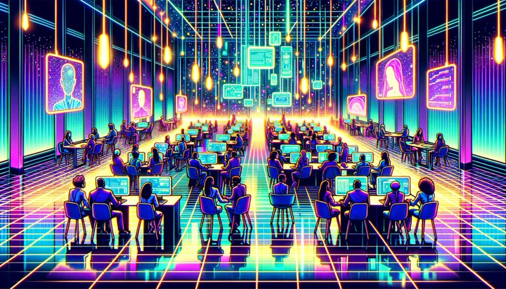 Vibrant synthwave-inspired office scene with diverse remote employees.