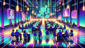 Vibrant synthwave-inspired office scene with diverse remote employees.