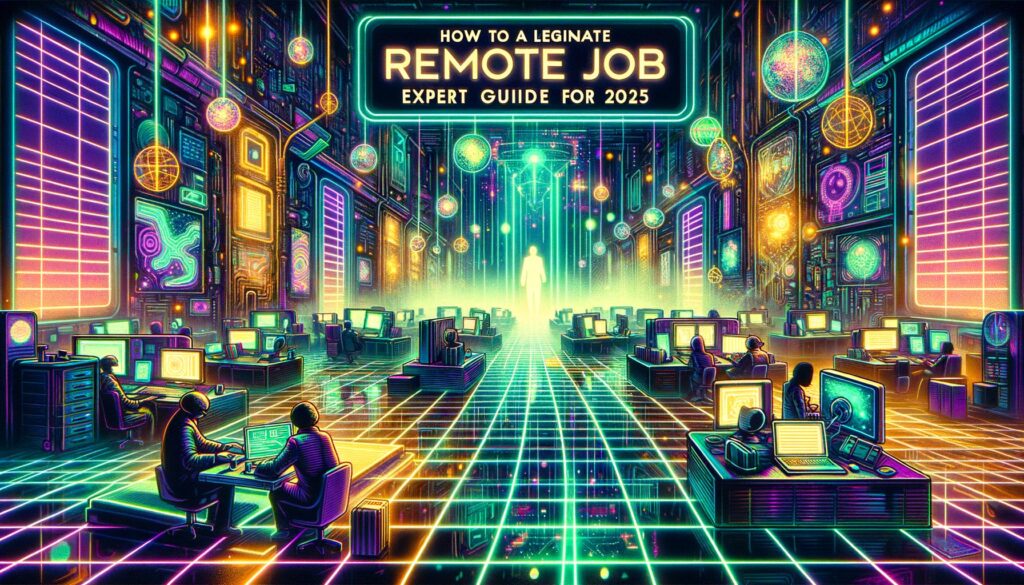 A vibrant retro-futuristic workspace depicting remote work concepts, with bold overlay text.