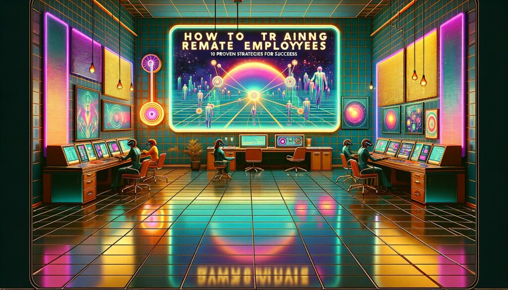 A futuristic office environment with remote employees training using virtual reality tools and large screens.