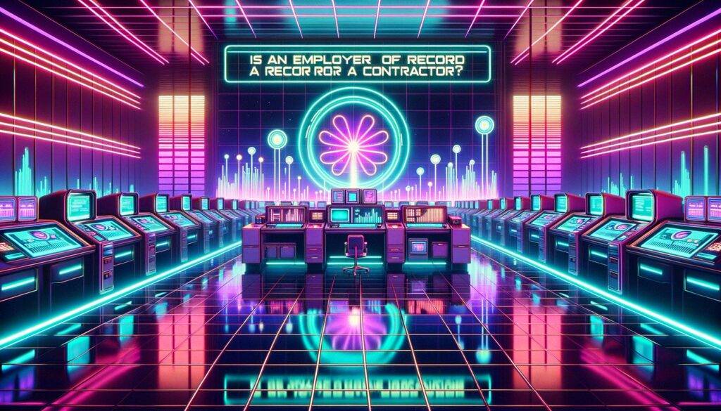 A retro-futuristic illustration of a workspace themed around employers of record, featuring neon lights and a central title overlay.