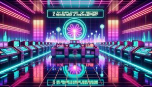 A retro-futuristic illustration of a workspace themed around employers of record, featuring neon lights and a central title overlay.