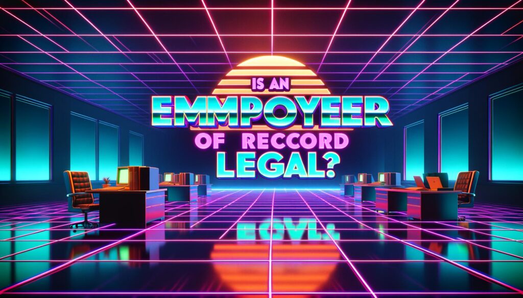 A retro-style illustration showcasing the concept of an Employer of Record in a neon-lit office environment.