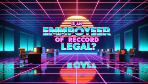 A retro-style illustration showcasing the concept of an Employer of Record in a neon-lit office environment.
