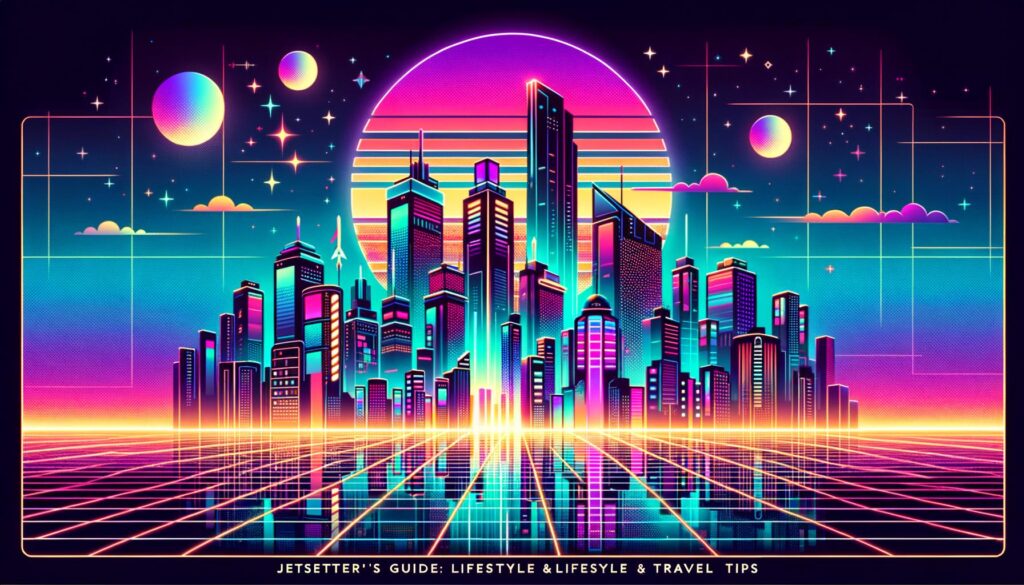 A futuristic cityscape illustration with prominent text overlay reading 'Jetsetter's Guide: Lifestyle & Travel Tips'.