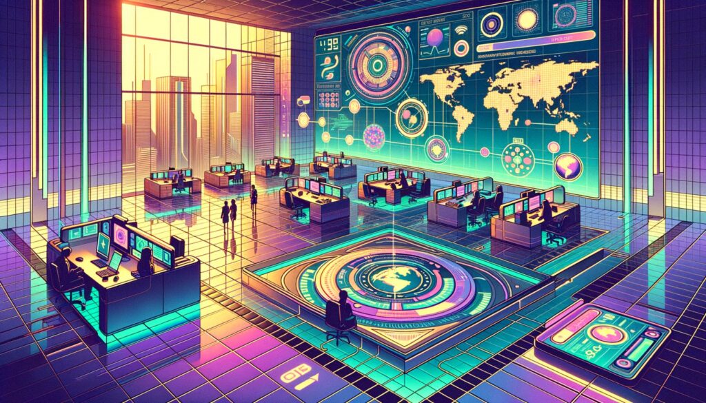A futuristic office space showcasing diverse remote workers collaborating with advanced technology in a retro cyberpunk style.
