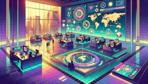 A futuristic office space showcasing diverse remote workers collaborating with advanced technology in a retro cyberpunk style.