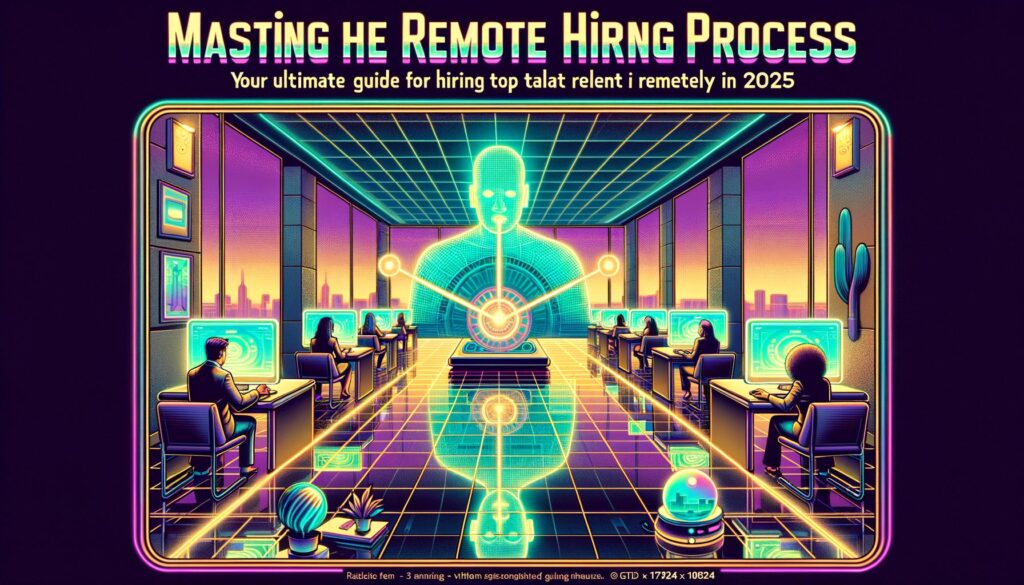 A retro-futuristic illustration depicting remote hiring with holographic displays and characters in a virtual interview setting.