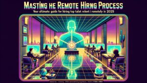 A retro-futuristic illustration depicting remote hiring with holographic displays and characters in a virtual interview setting.