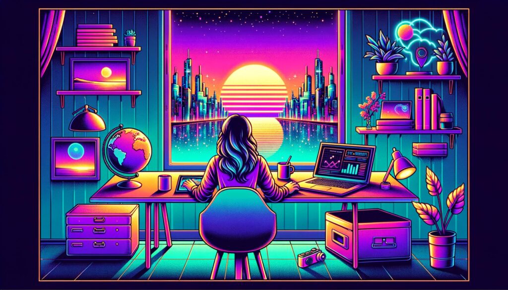 A colorful digital nomad workspace scene with neon lights and overlay text.
