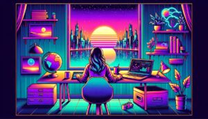 A colorful digital nomad workspace scene with neon lights and overlay text.