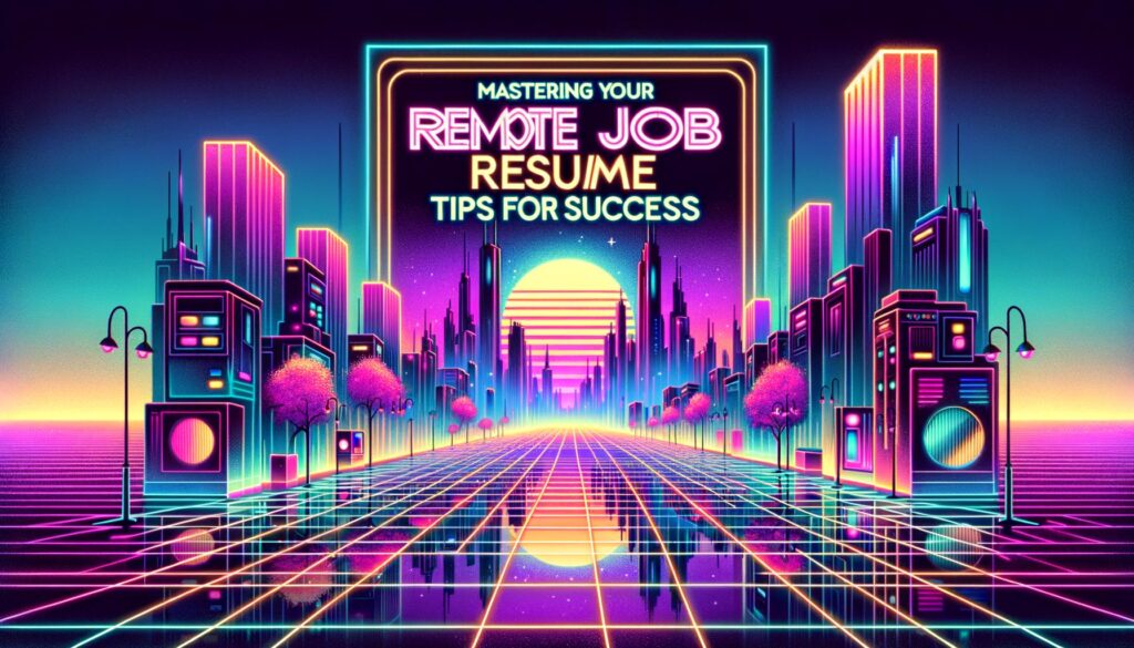 A vibrant cyberpunk cityscape illustration themed around remote job resumes.
