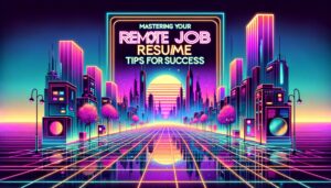 A vibrant cyberpunk cityscape illustration themed around remote job resumes.