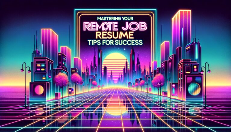 A vibrant cyberpunk cityscape illustration themed around remote job resumes.
