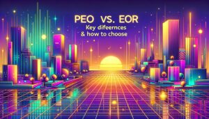 A retro digital illustration comparing PEO and EOR services with neon lighting.