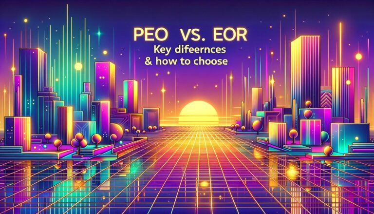 A retro digital illustration comparing PEO and EOR services with neon lighting.