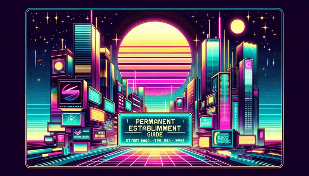 Retro digital illustration of a futuristic city with prominent text overlay 'Permanent Establishment Guide'.