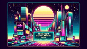 Retro digital illustration of a futuristic city with prominent text overlay 'Permanent Establishment Guide'.