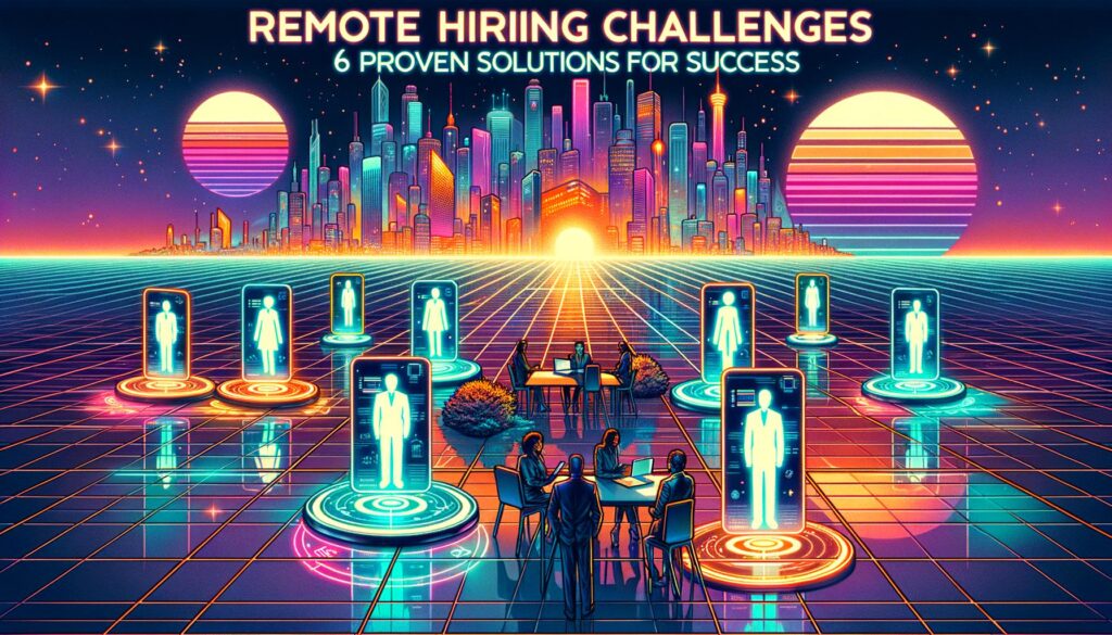 A vibrant retro digital illustration representing remote hiring challenges with a prominent text overlay.
