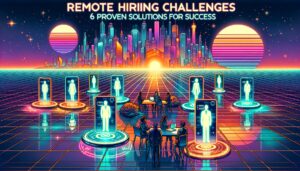 A vibrant retro digital illustration representing remote hiring challenges with a prominent text overlay.