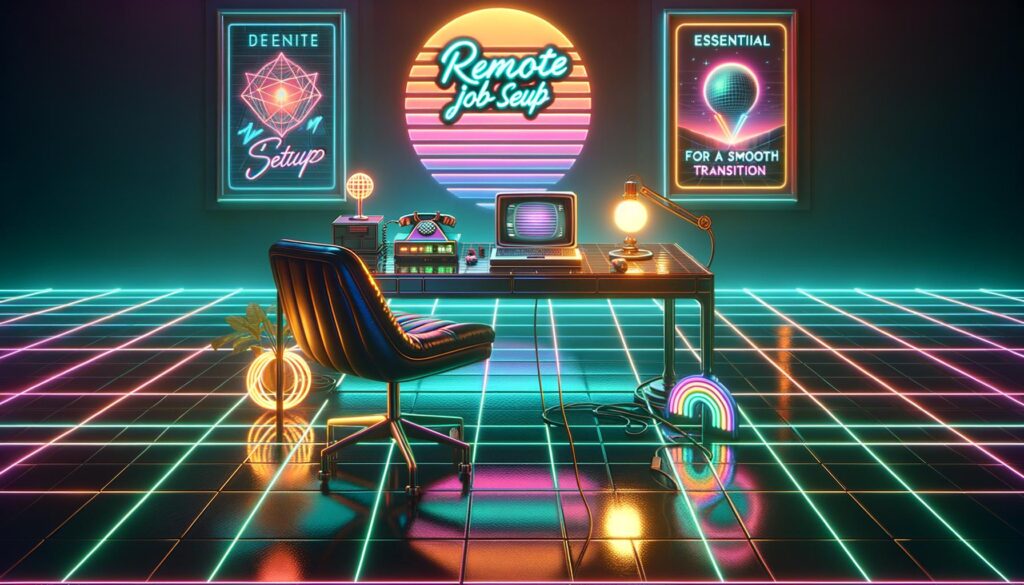 Digital illustration of a futuristic remote work setup featuring neon lights and retro aesthetics.