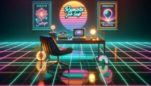 Digital illustration of a futuristic remote work setup featuring neon lights and retro aesthetics.