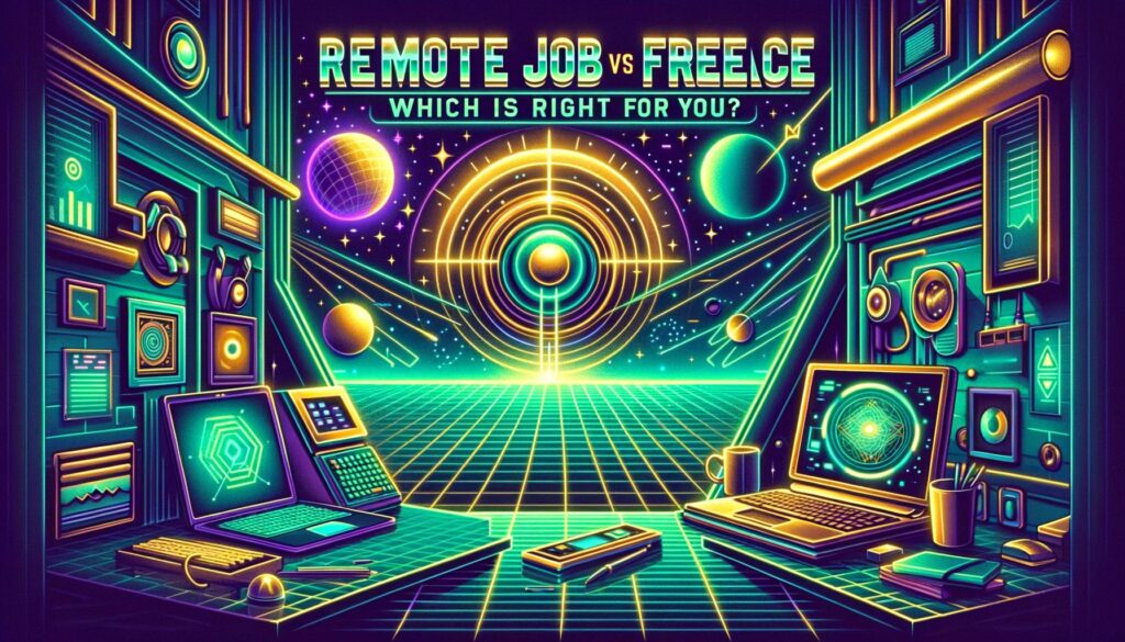 A vibrant retro digital illustration comparing remote jobs and freelance work with neon colors and bold text.