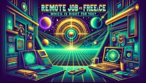 A vibrant retro digital illustration comparing remote jobs and freelance work with neon colors and bold text.