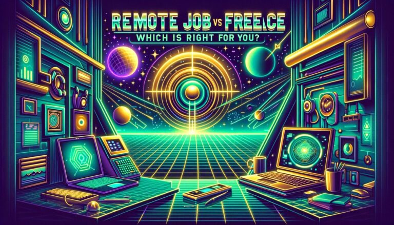 A vibrant retro digital illustration comparing remote jobs and freelance work with neon colors and bold text.