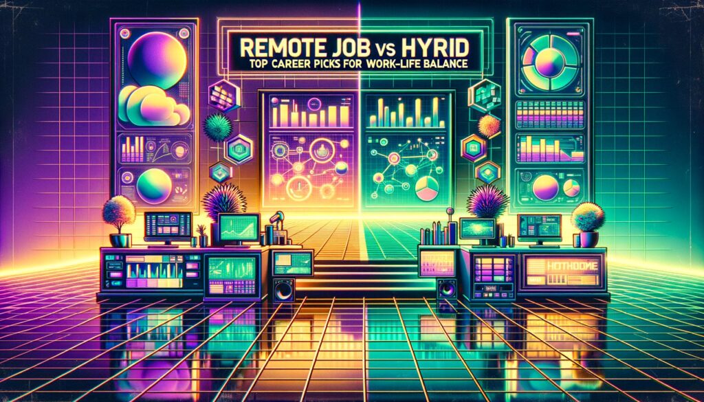 Retro digital illustration of a futuristic workspace highlighting remote and hybrid work, with bold overlay text.