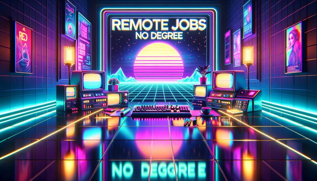 A retro digital illustration of a futuristic workspace emphasizing remote jobs that don’t require a degree.