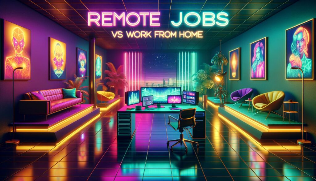 A retro-futuristic illustration contrasting remote jobs and work from home environments.
