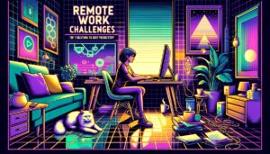A vibrant retro digital illustration depicting remote work challenges with a focus on productivity solutions.