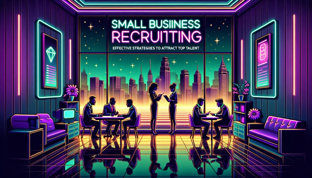 Retro digital illustration of a small business office recruiting scenario.