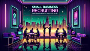 Retro digital illustration of a small business office recruiting scenario.