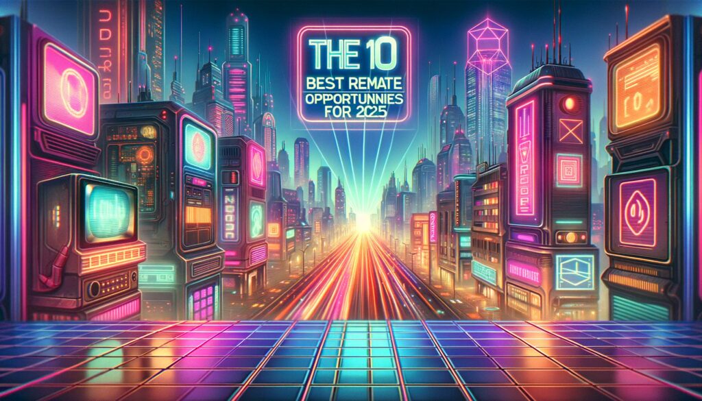 A neon-lit retro cityscape with prominent text overlay about remote job opportunities.