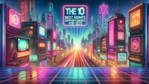 A neon-lit retro cityscape with prominent text overlay about remote job opportunities.