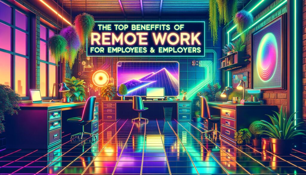 Retro digital illustration showcasing the concept of remote work benefits.