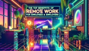 Retro digital illustration showcasing the concept of remote work benefits.