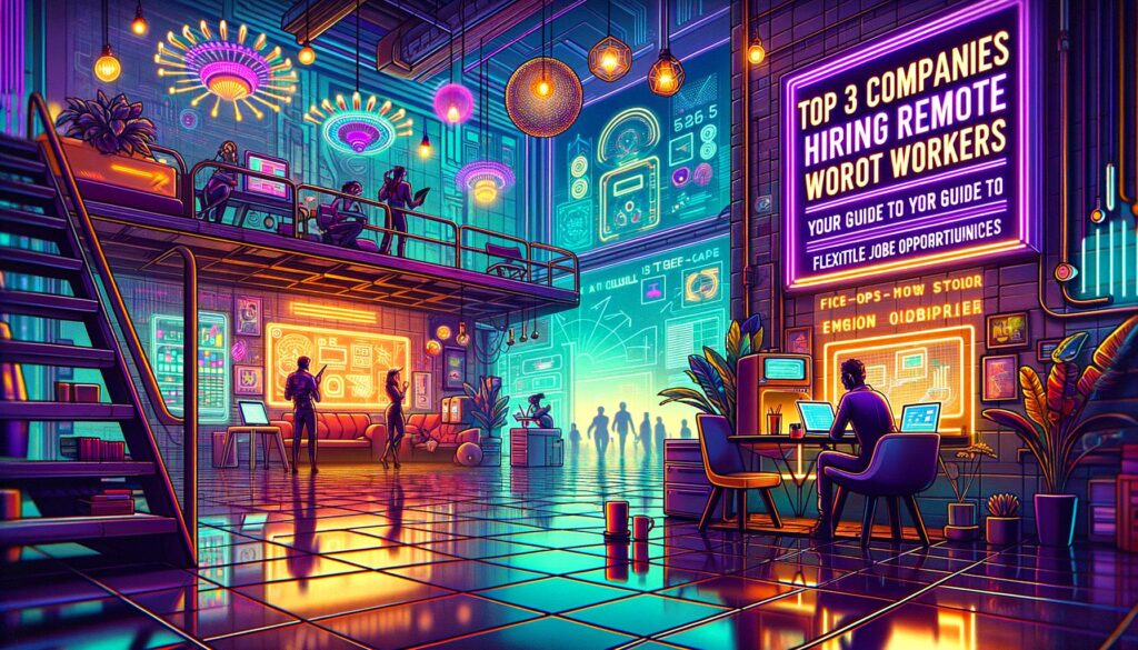 A vibrant retro digital workspace scene with remote workers, showcasing elements of cyberpunk aesthetics.