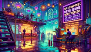 A vibrant retro digital workspace scene with remote workers, showcasing elements of cyberpunk aesthetics.