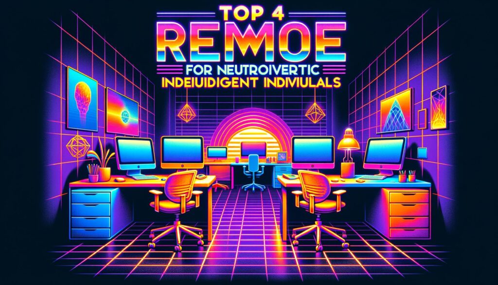 A colorful retro workspace illustration highlighting remote jobs for neurodivergent individuals.