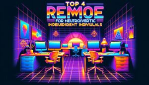 A colorful retro workspace illustration highlighting remote jobs for neurodivergent individuals.