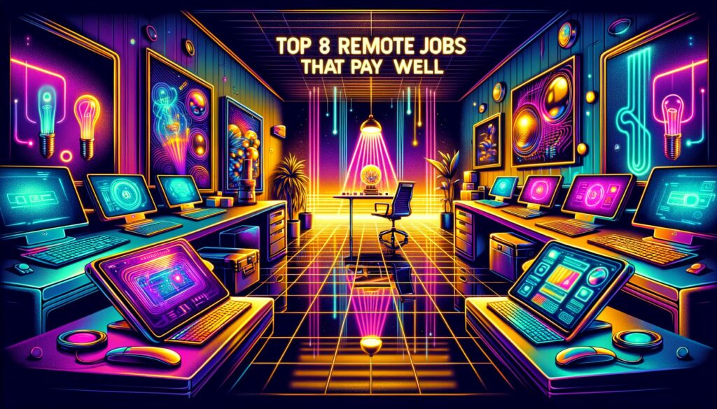 A retro-futuristic digital illustration of a cozy home office for remote work with neon lighting and technology.